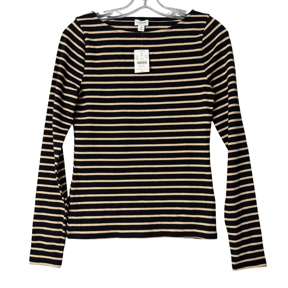 New J. Crew Factory Metallic Strip Boatneck Tee Womens S Black Gold Long Sleeve